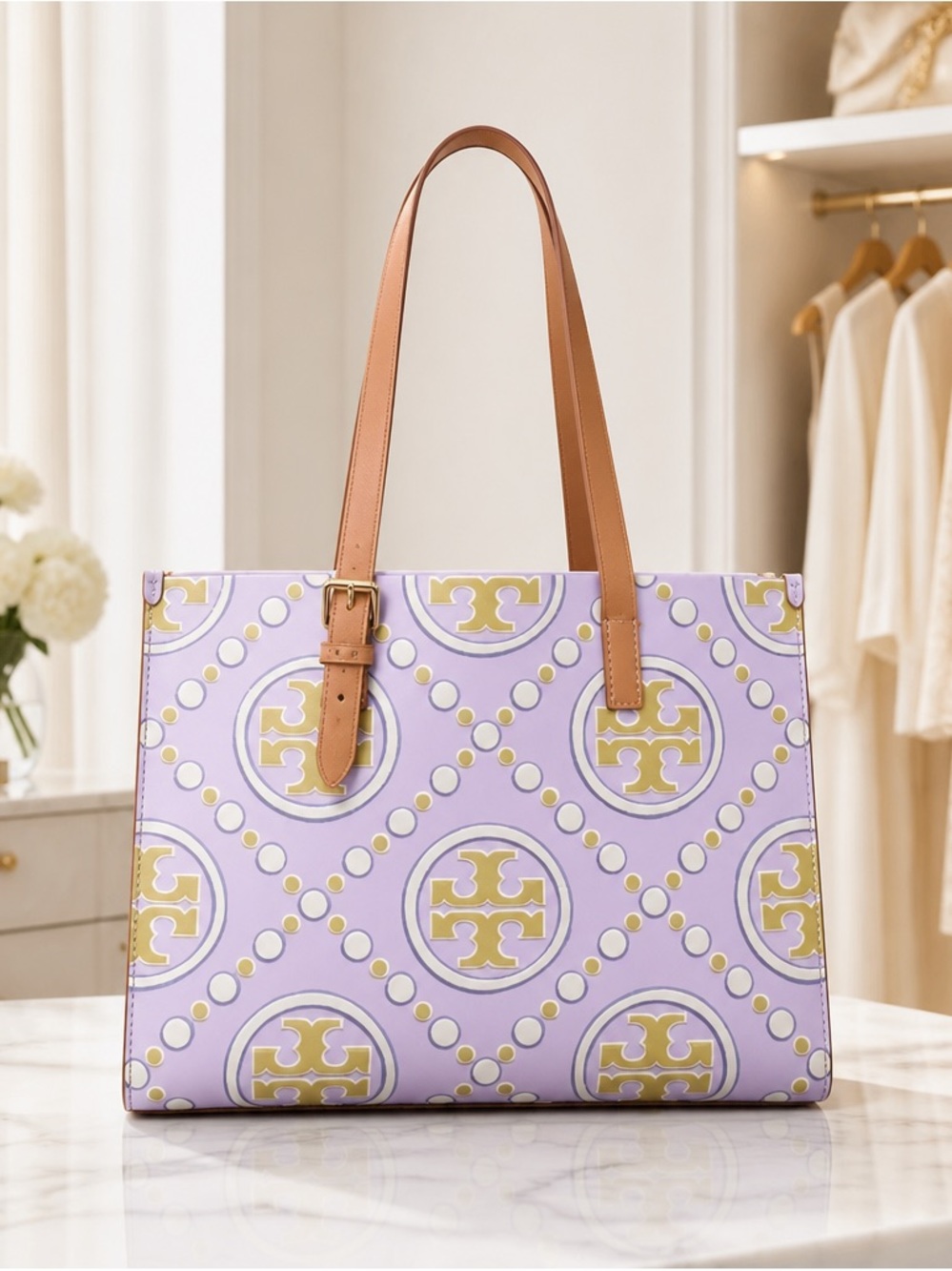 Tory Burch Lilac Logo-Print Tote with Tan Straps